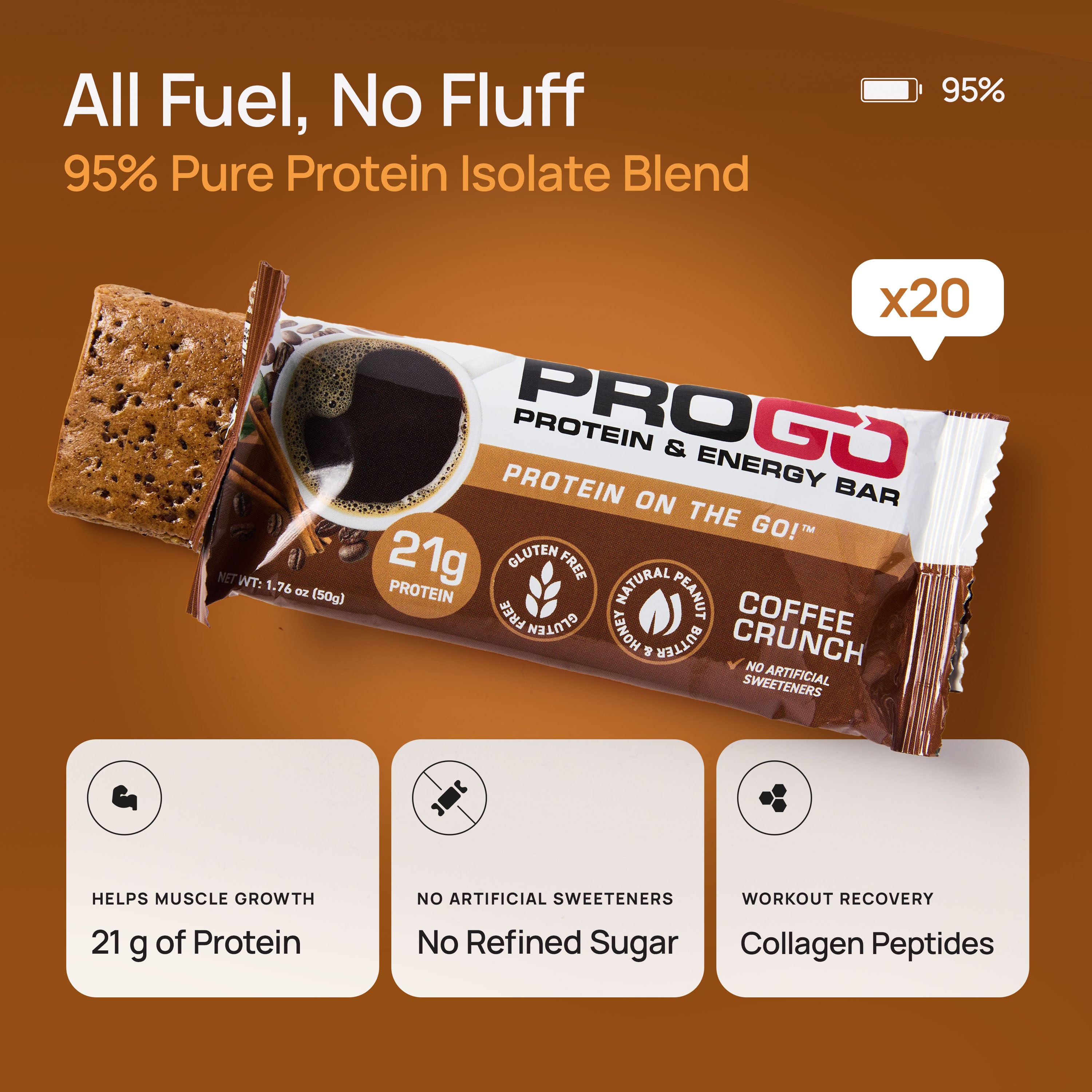 ProGo Coffee Crunch Protein Bar – 21g Protein, No Refined Sugar, Collagen Peptides for Workout Recovery