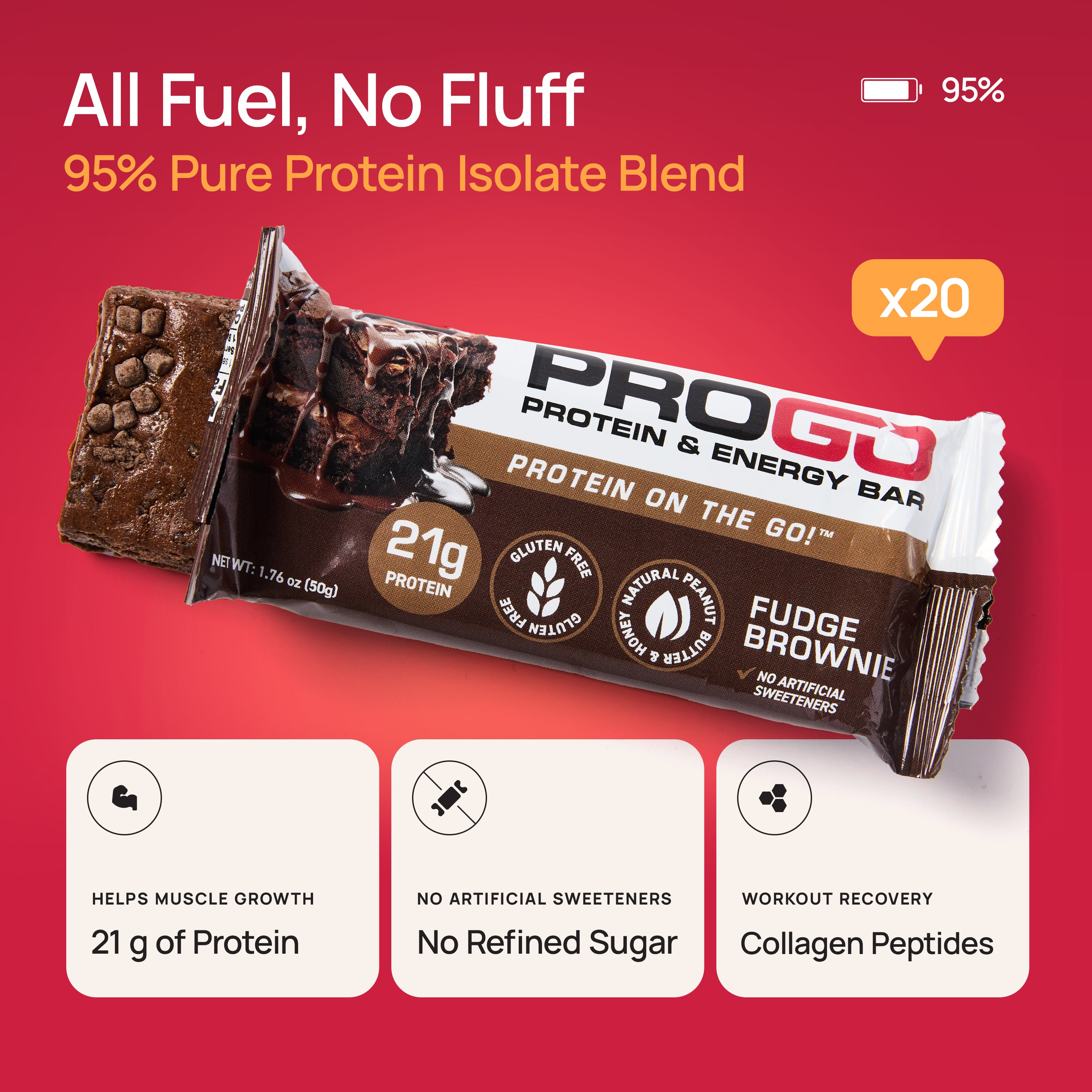 ProGo Protein Bar (Fudge Brownie) – 21g Protein, No Refined Sugar, Collagen Peptides for Workout Recovery