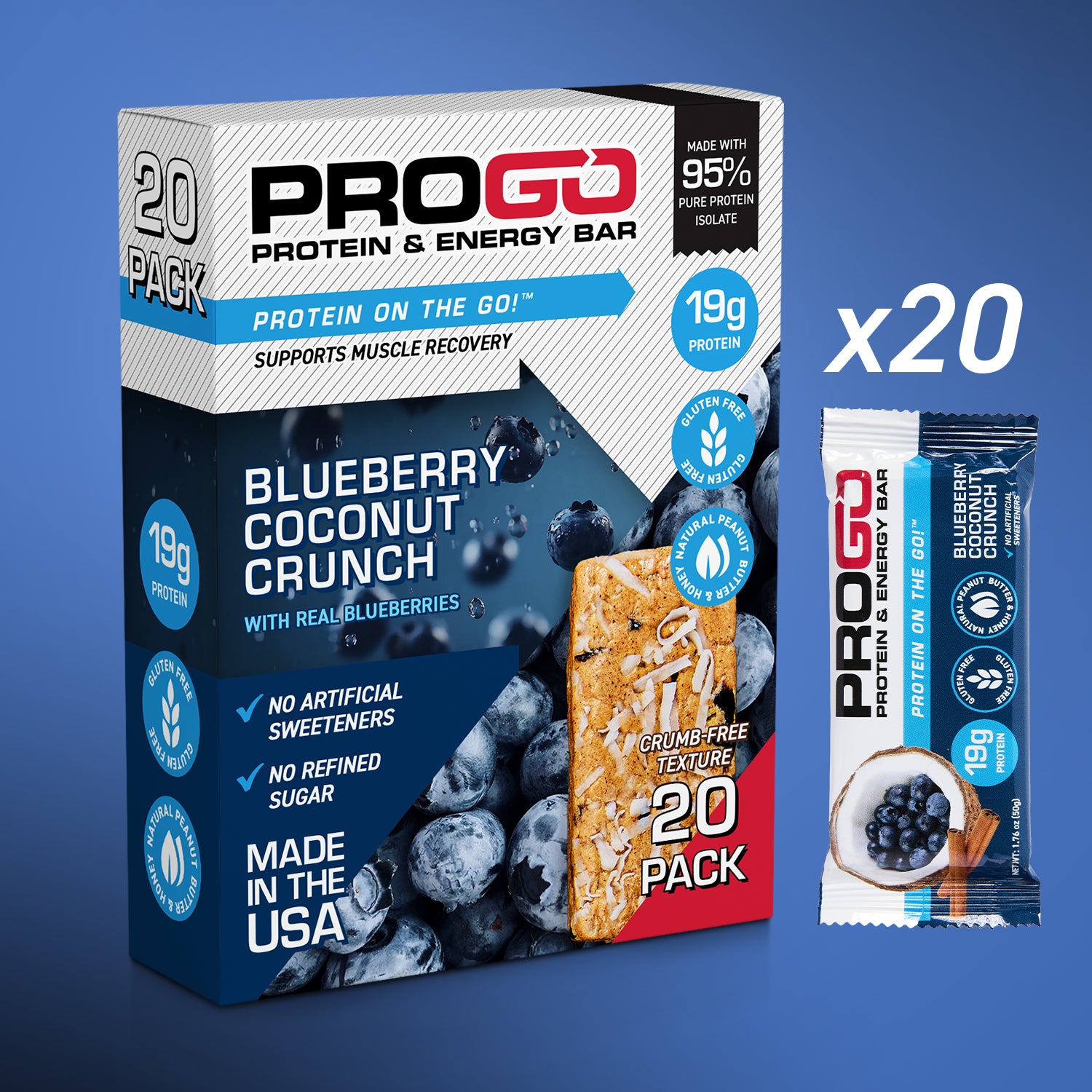 ProGo Protein Bars (Blueberry Coconut Crunch) - 20-Pack